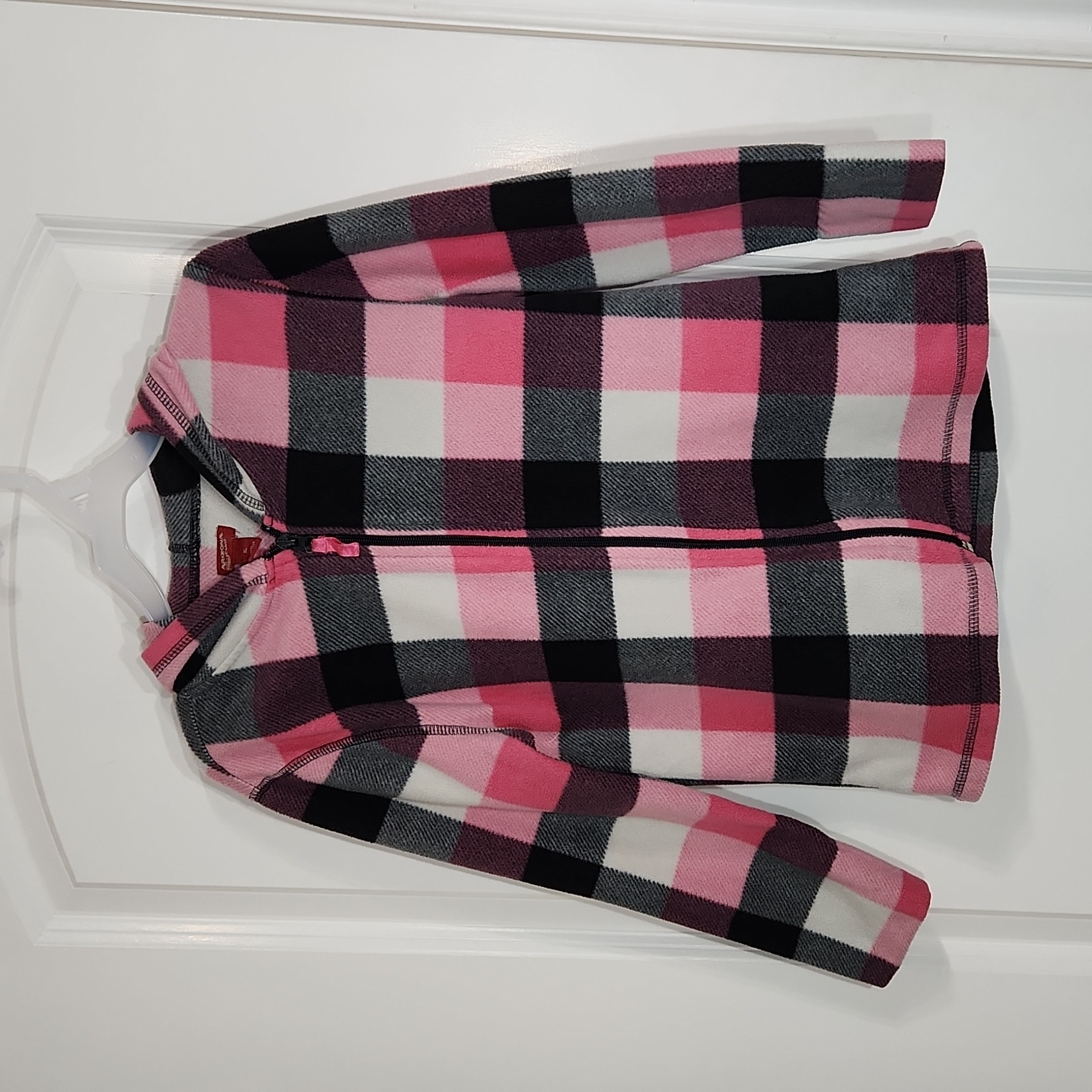 Arizona Jeans Pink, Black, White Plaid Hooded Zippered Jacket Xl Girls